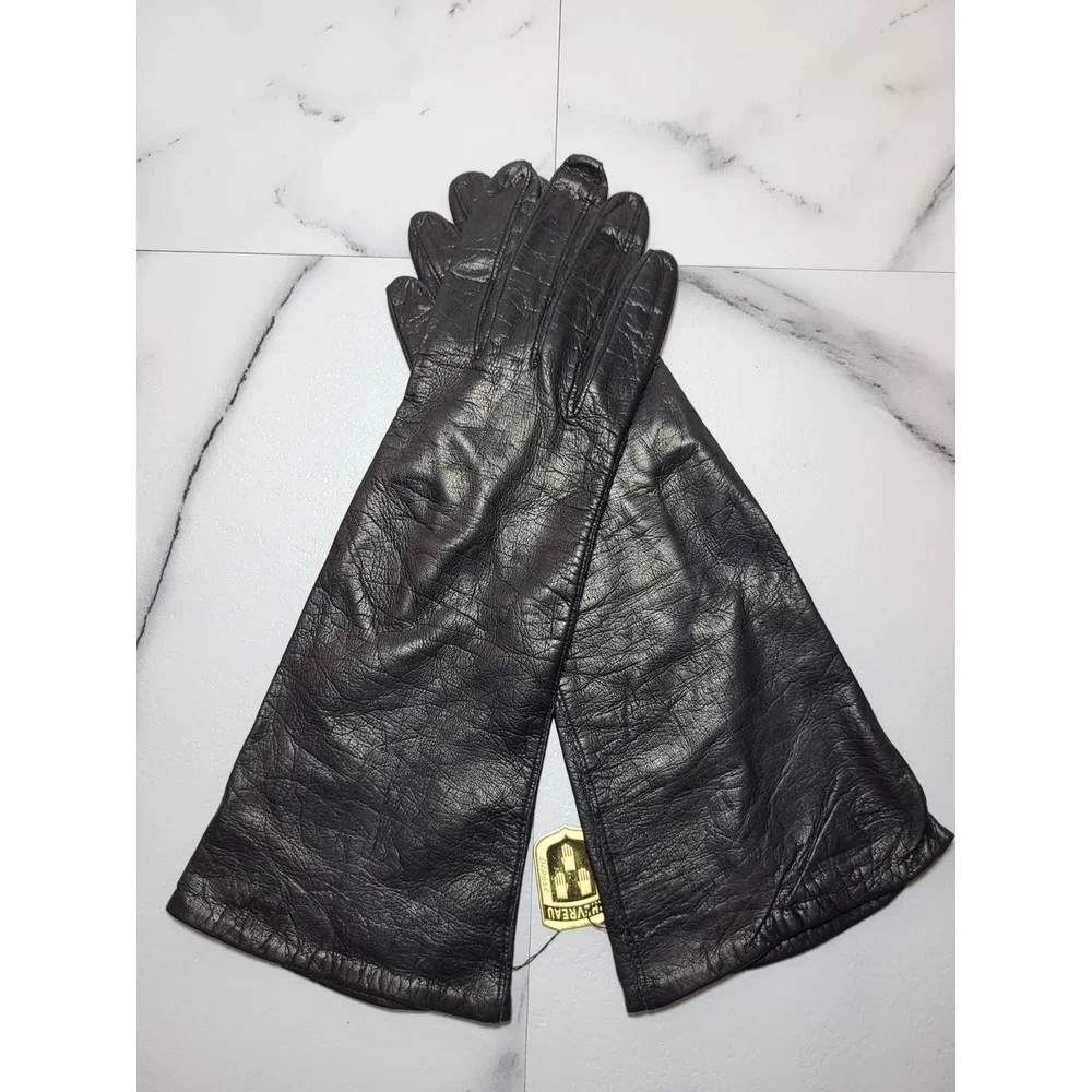 VTG NWT Chevreau Grenoble Black Kid Leather Gloves Silk Lined Mid Arm France 7